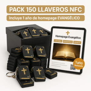 Pack 150 Llaveros NFC – Biblia con Cruz + 1 Año de Homepage Evangélico